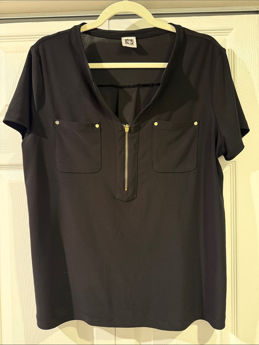 Anne Klein Women’s Black Zip-Neck Short Sleeve Top -